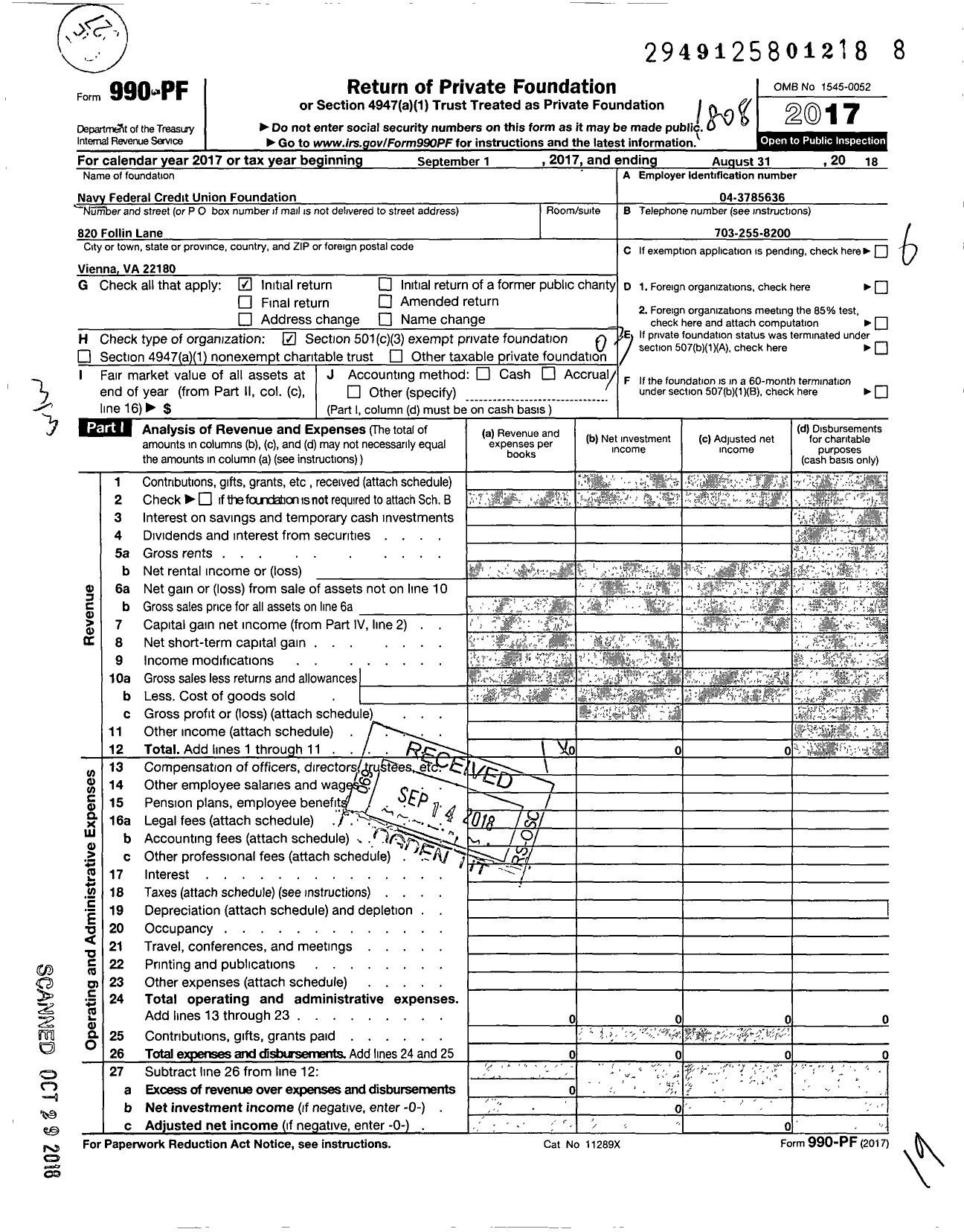 Image of first page of 2017 Form 990PF for Navy Federal Credit Union Foundation