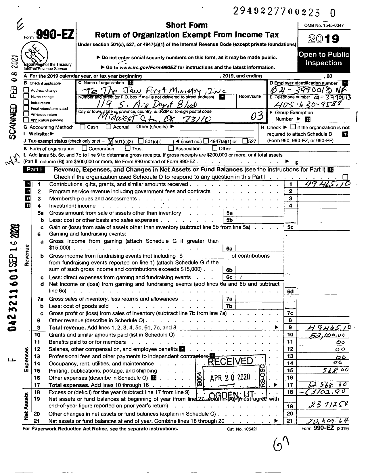 Image of first page of 2019 Form 990EZ for To The Jew First Ministry