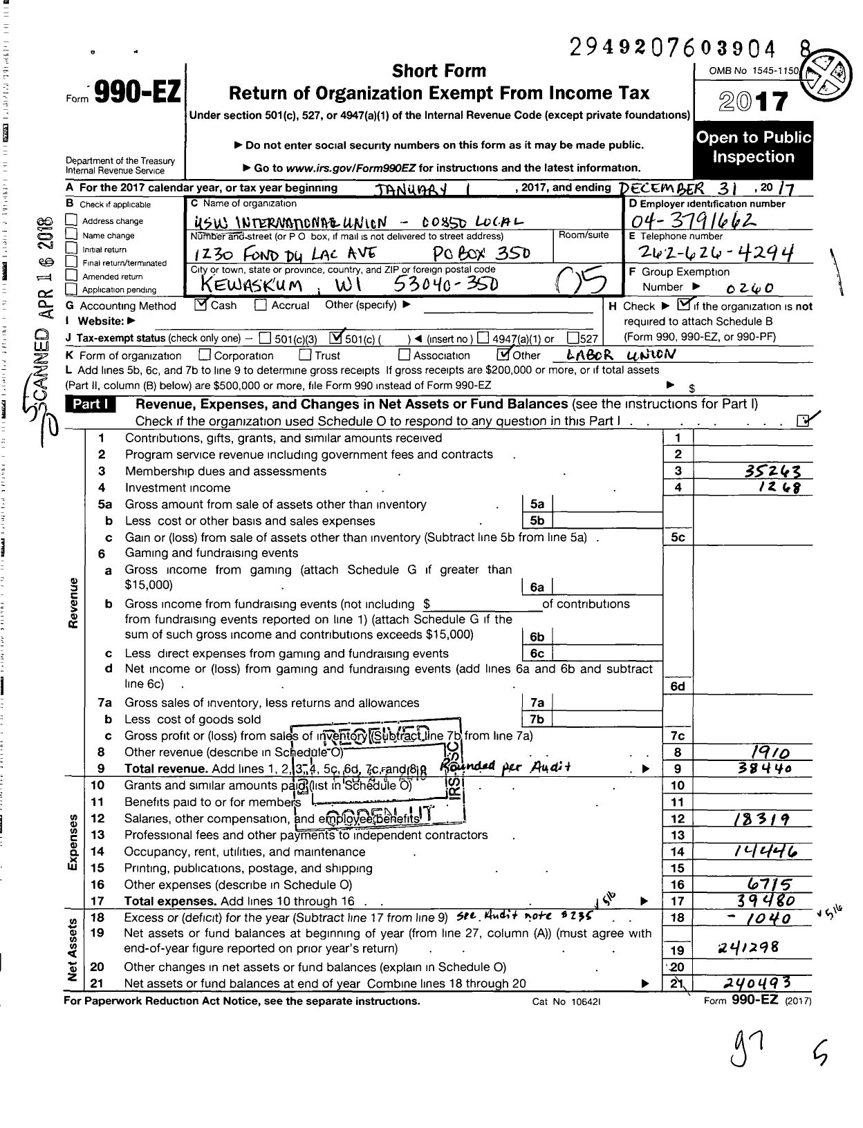 Image of first page of 2017 Form 990EO for United Steelworkers - 00850 Local