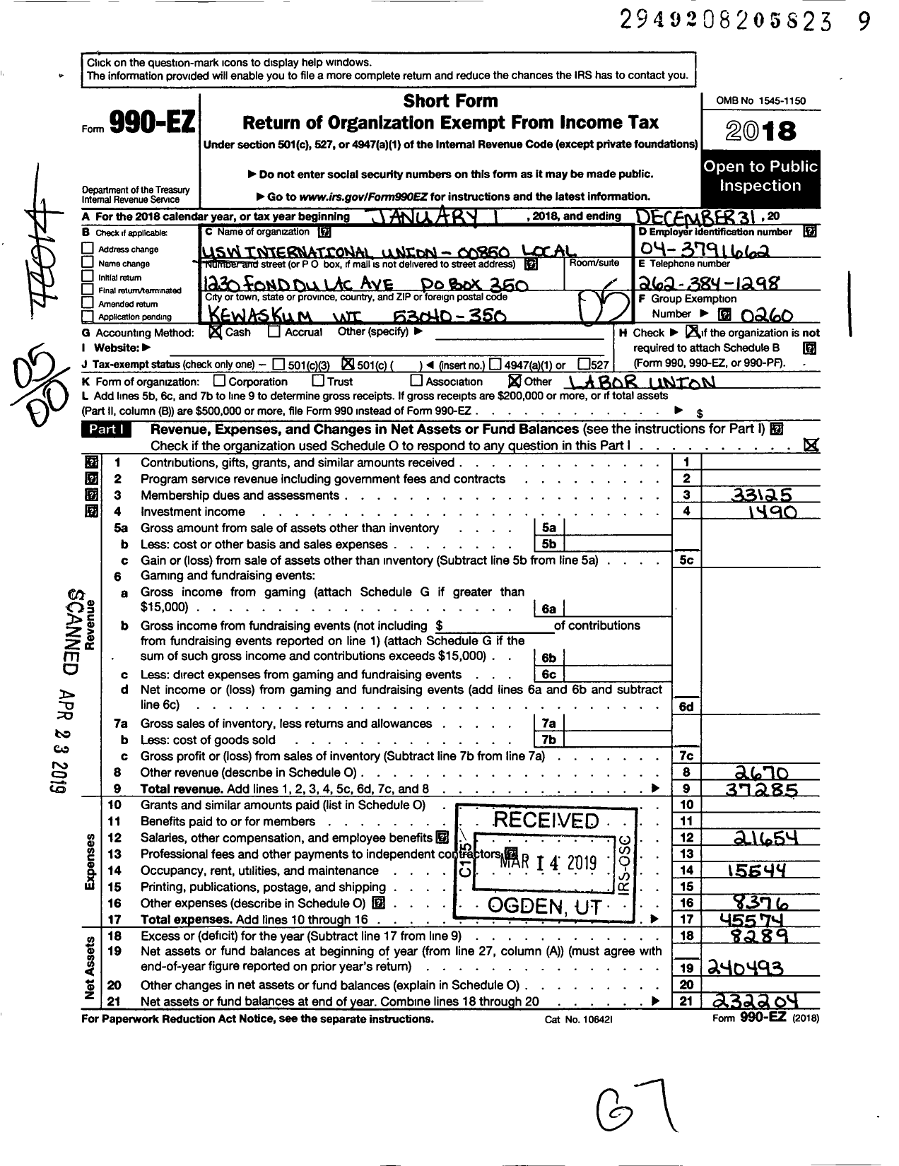 Image of first page of 2018 Form 990EO for United Steelworkers - 00850 Local