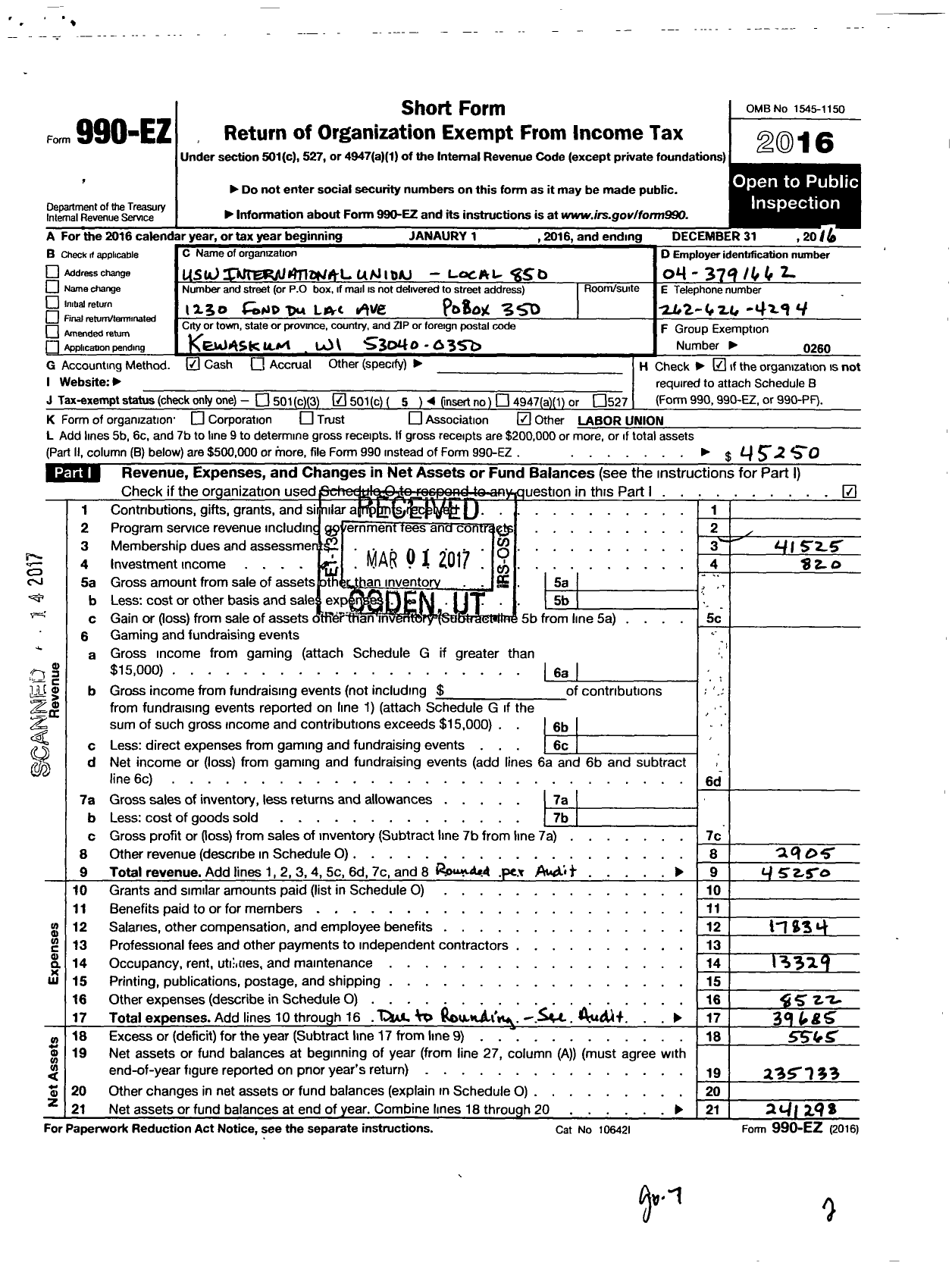 Image of first page of 2016 Form 990EO for United Steelworkers - 00850 Local