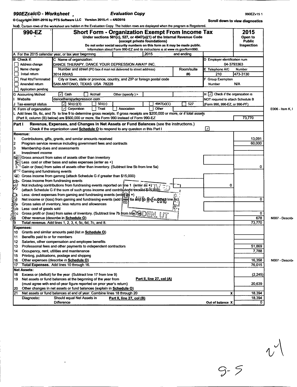 Image of first page of 2015 Form 990EZ for Dance Therapy Dance Your Depression Away