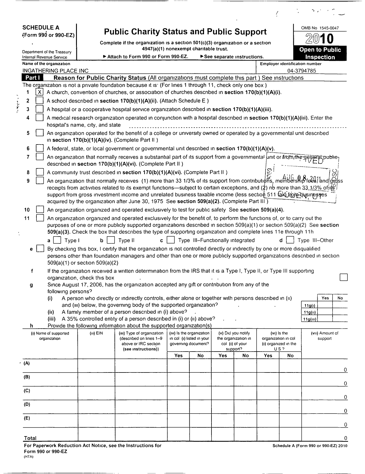 Image of first page of 2010 Form 990ER for Ingathering Place