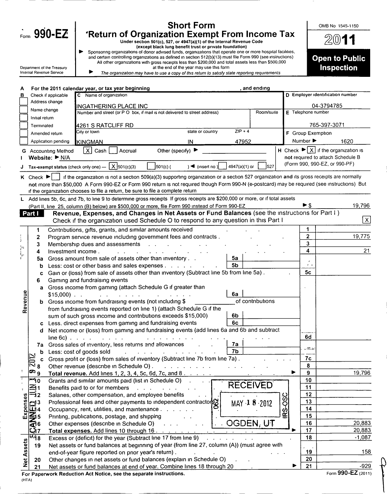 Image of first page of 2011 Form 990EZ for Ingathering Place