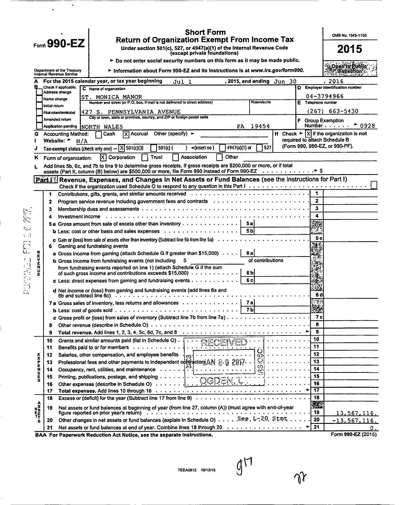 Image of first page of 2015 Form 990EZ for St Monica Manor