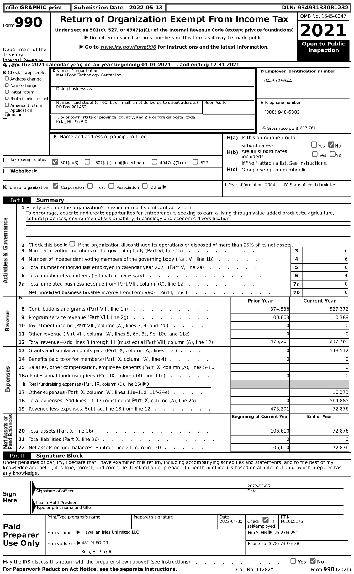 Image of first page of 2021 Form 990 for Maui Food Technology Center