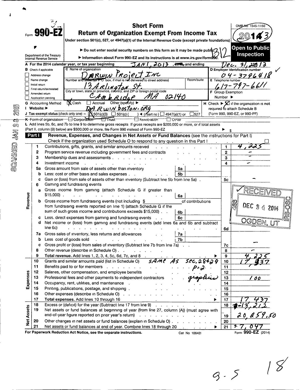 Image of first page of 2013 Form 990EZ for Darwin Project