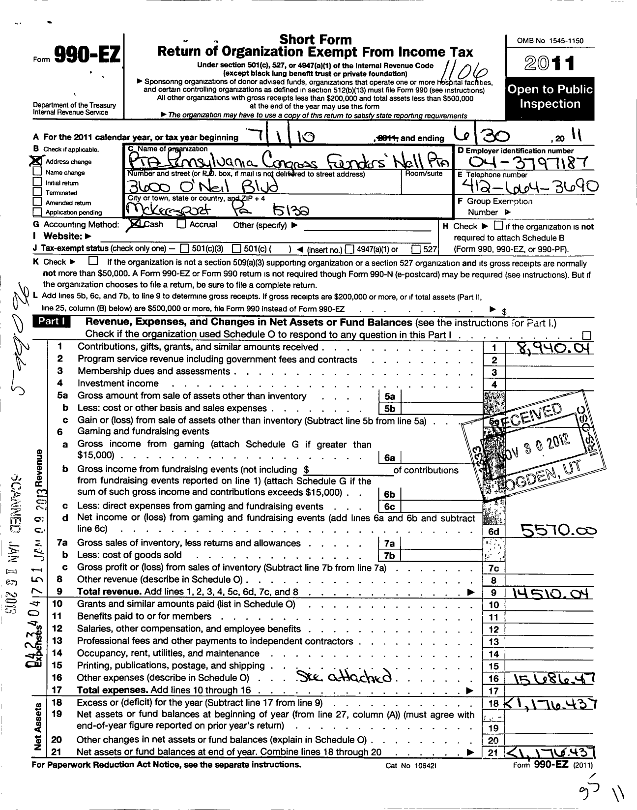 Image of first page of 2010 Form 990EO for PTA Pennsylvania Congress / Founders Hall PTA