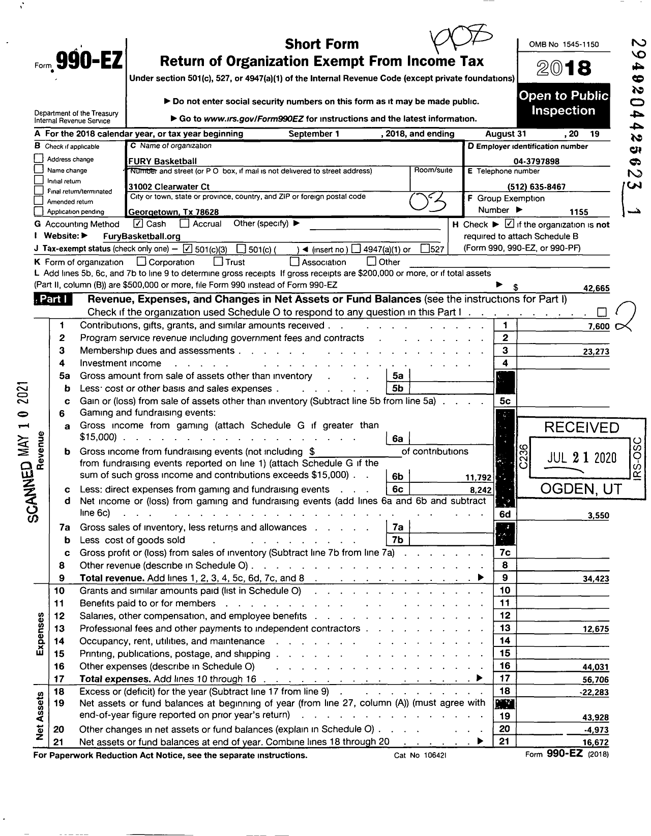 Image of first page of 2018 Form 990EZ for Amateur Athletic Union - Fury Basketball