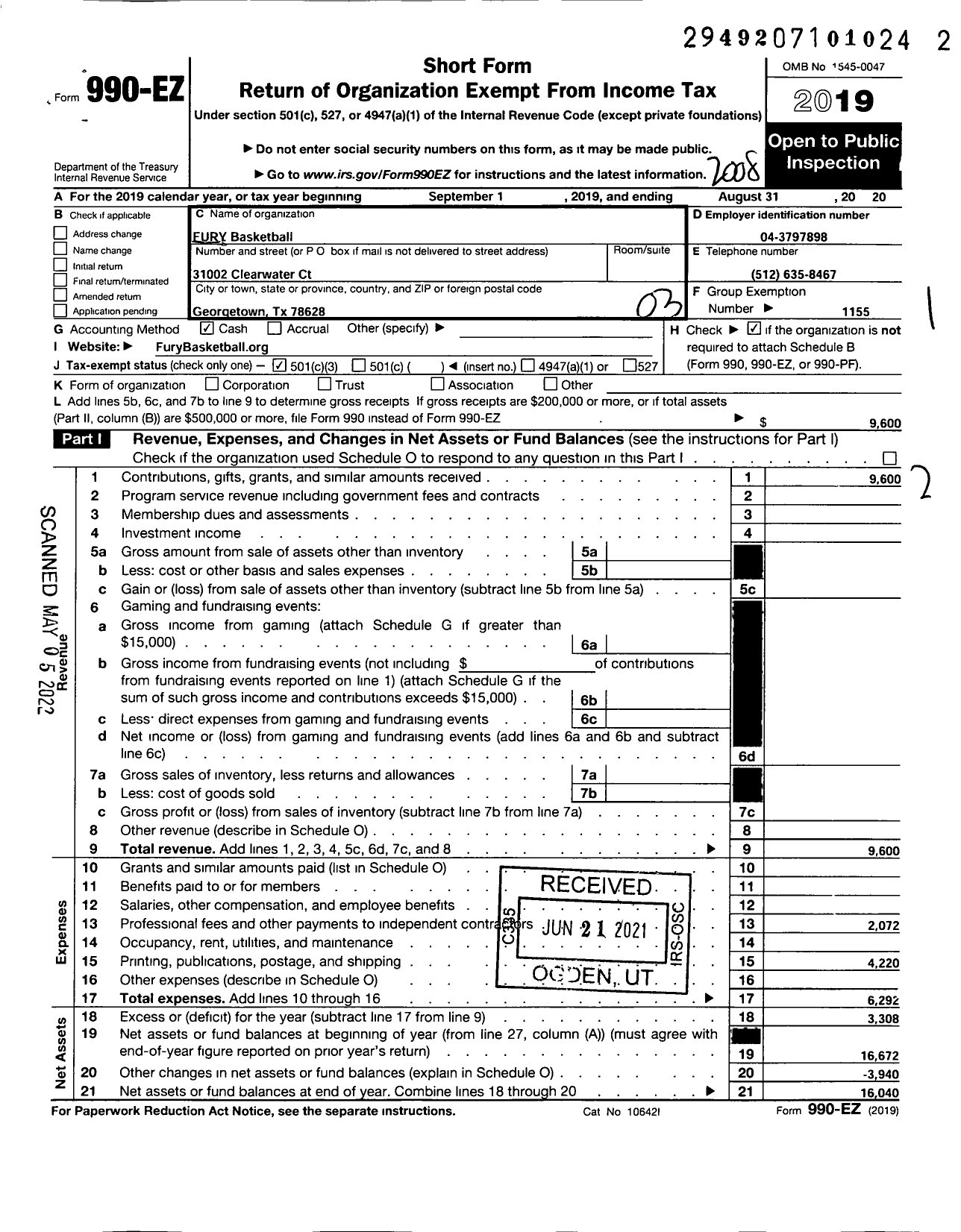 Image of first page of 2019 Form 990EZ for Amateur Athletic Union - Fury Basketball