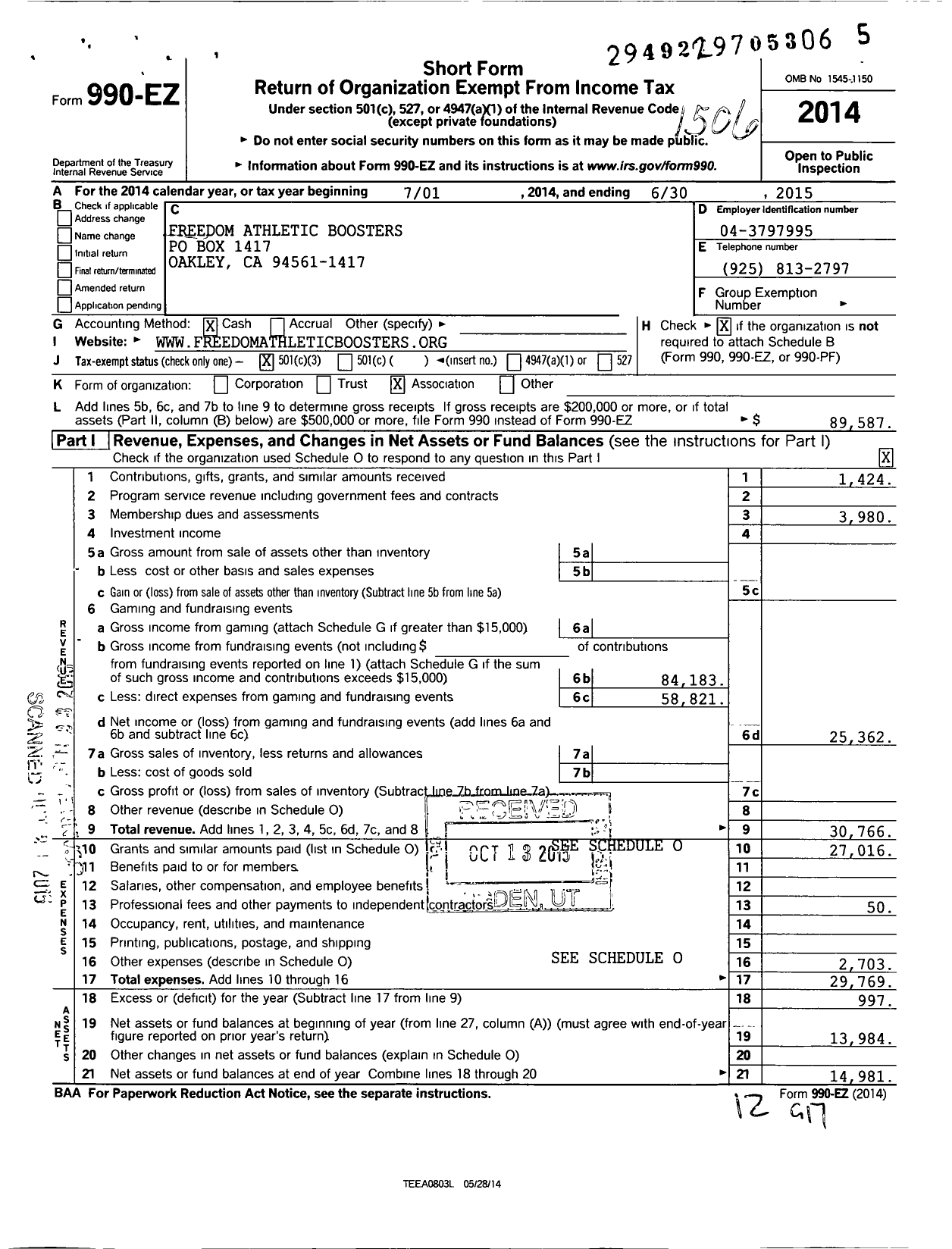 Image of first page of 2014 Form 990EZ for Freedom Athletic Boosters (FAB)