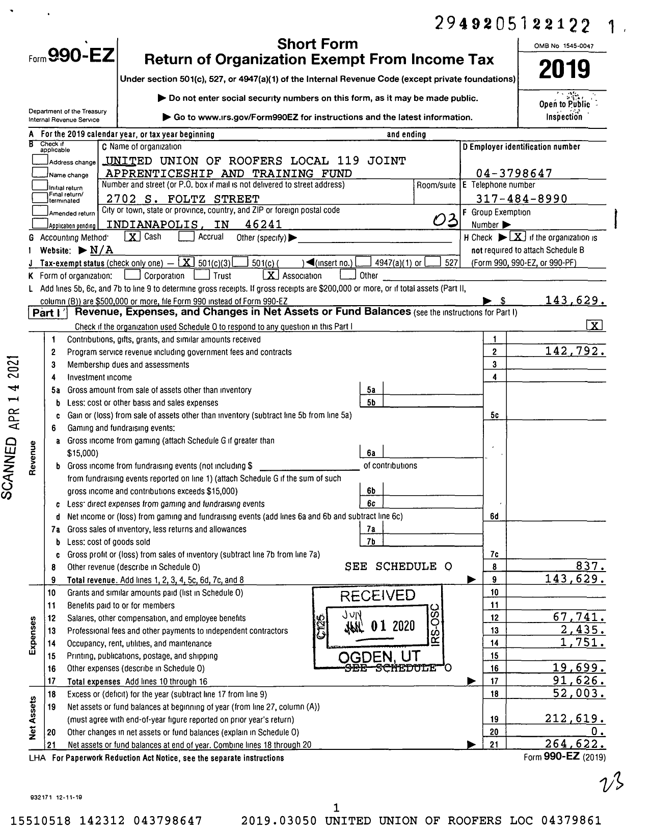 Image of first page of 2019 Form 990EZ for United Union of Roofers Local 119 Joint Apprenticeship and Training Fund