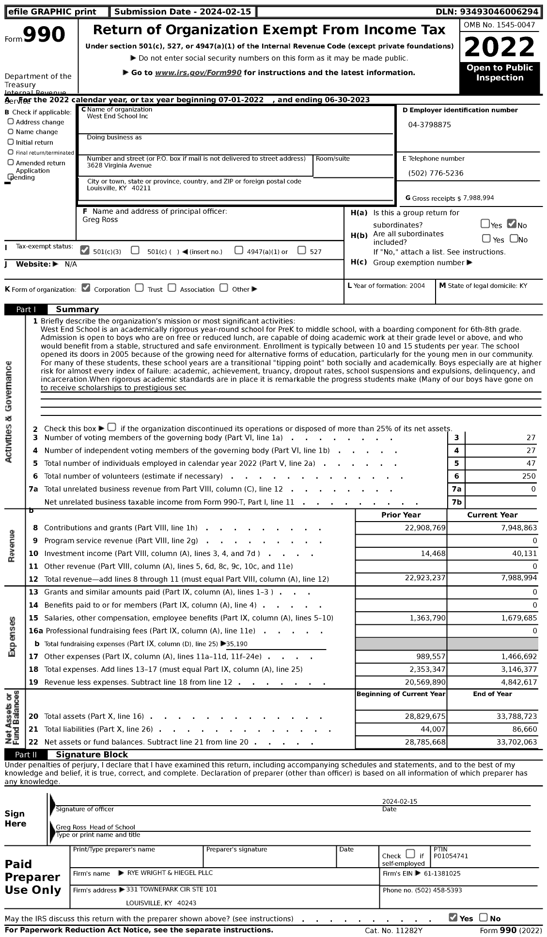 Image of first page of 2022 Form 990 for West End School (WES)