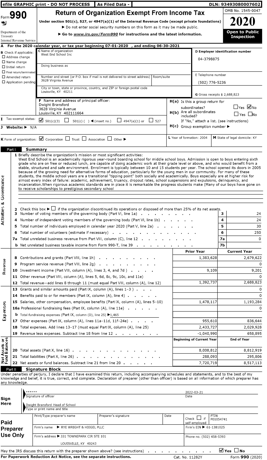 Image of first page of 2020 Form 990 for West End School (WES)