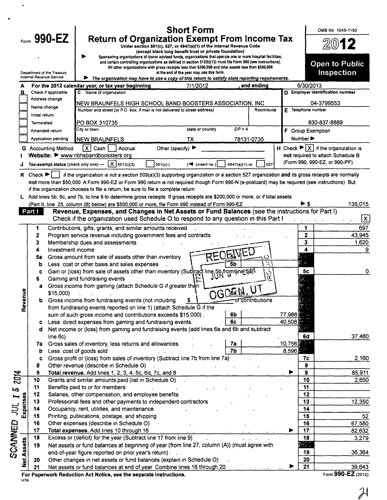 Image of first page of 2012 Form 990EZ for New Braunfels High School Band Boosters Association