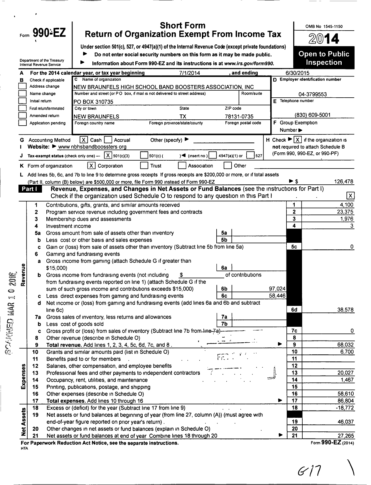 Image of first page of 2014 Form 990EZ for New Braunfels High School Band Boosters Association