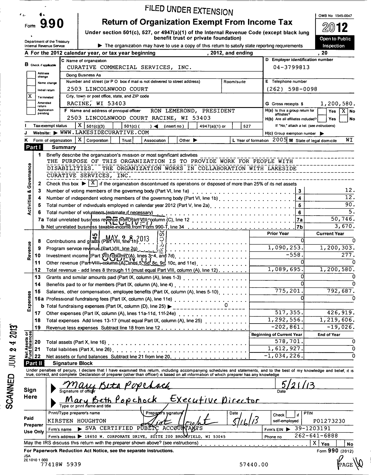 Image of first page of 2012 Form 990 for Curative Commercial Services