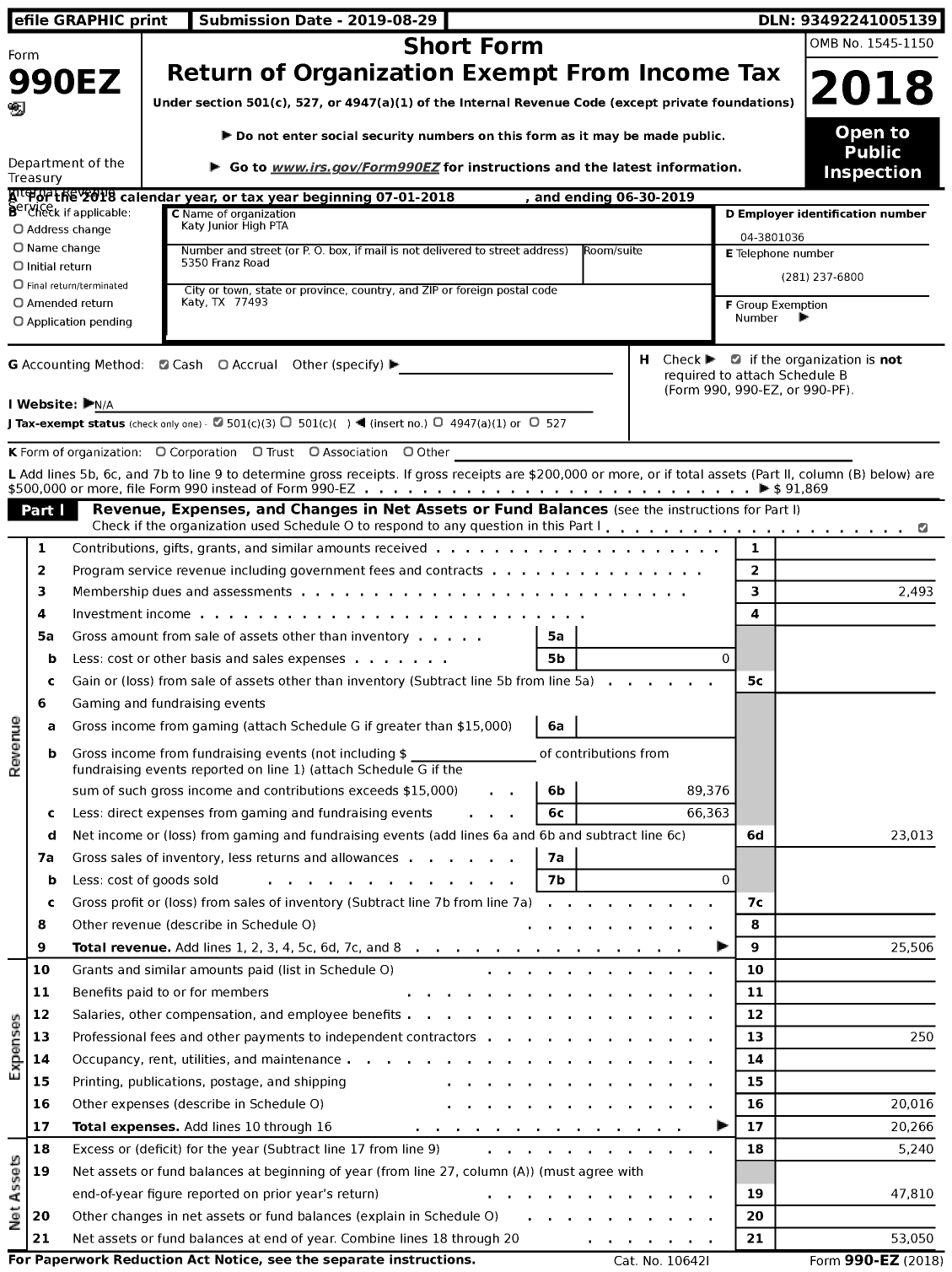Image of first page of 2018 Form 990EZ for Texas PTA - Katy Junior High School PTA