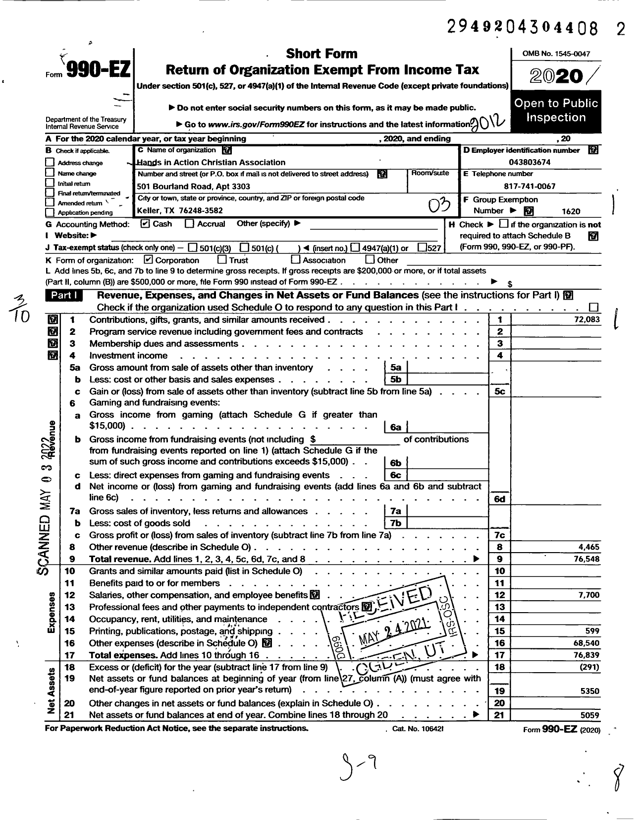 Image of first page of 2020 Form 990EZ for Hands in Action Christian Association