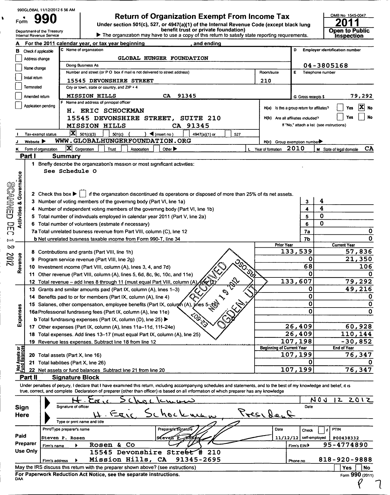 Image of first page of 2011 Form 990 for Global Hunger Foundation