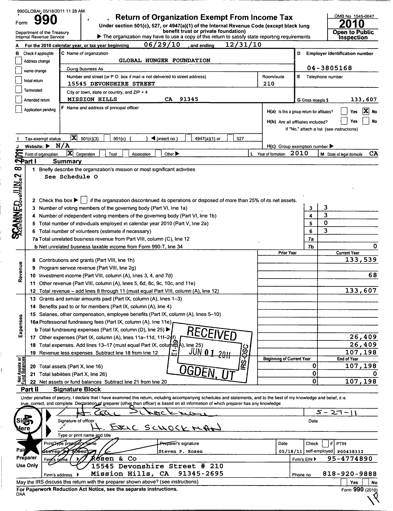 Image of first page of 2010 Form 990 for Global Hunger Foundation