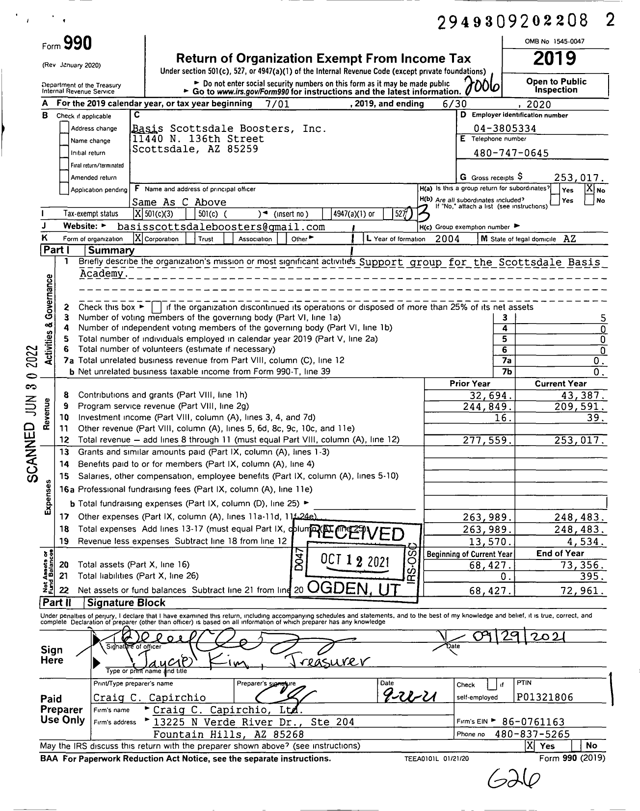 Image of first page of 2019 Form 990 for Basis Scottsdale Boosters