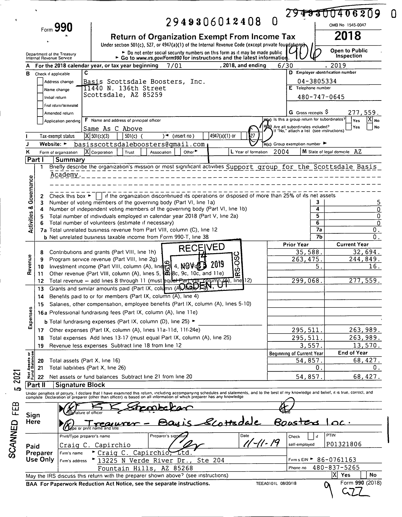 Image of first page of 2018 Form 990 for Basis Scottsdale Boosters