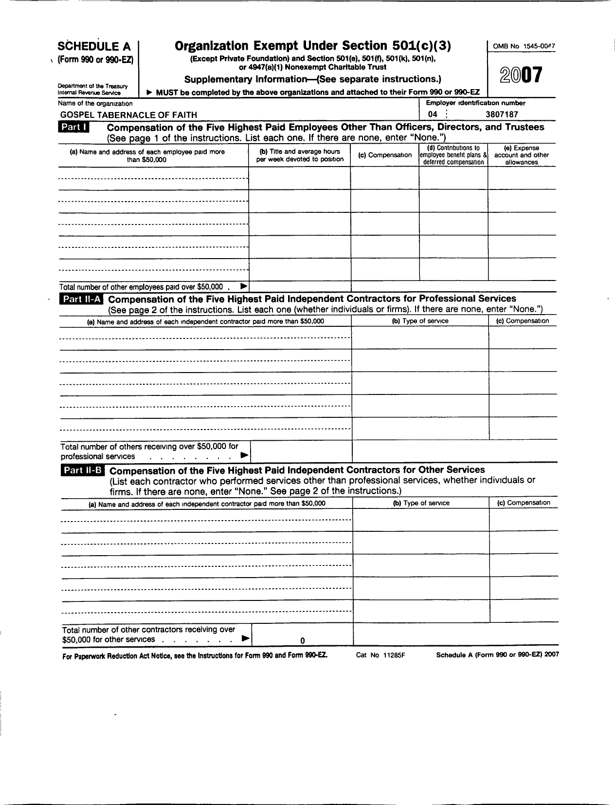 Image of first page of 2007 Form 990ER for Gospel Tabernacle of Faith