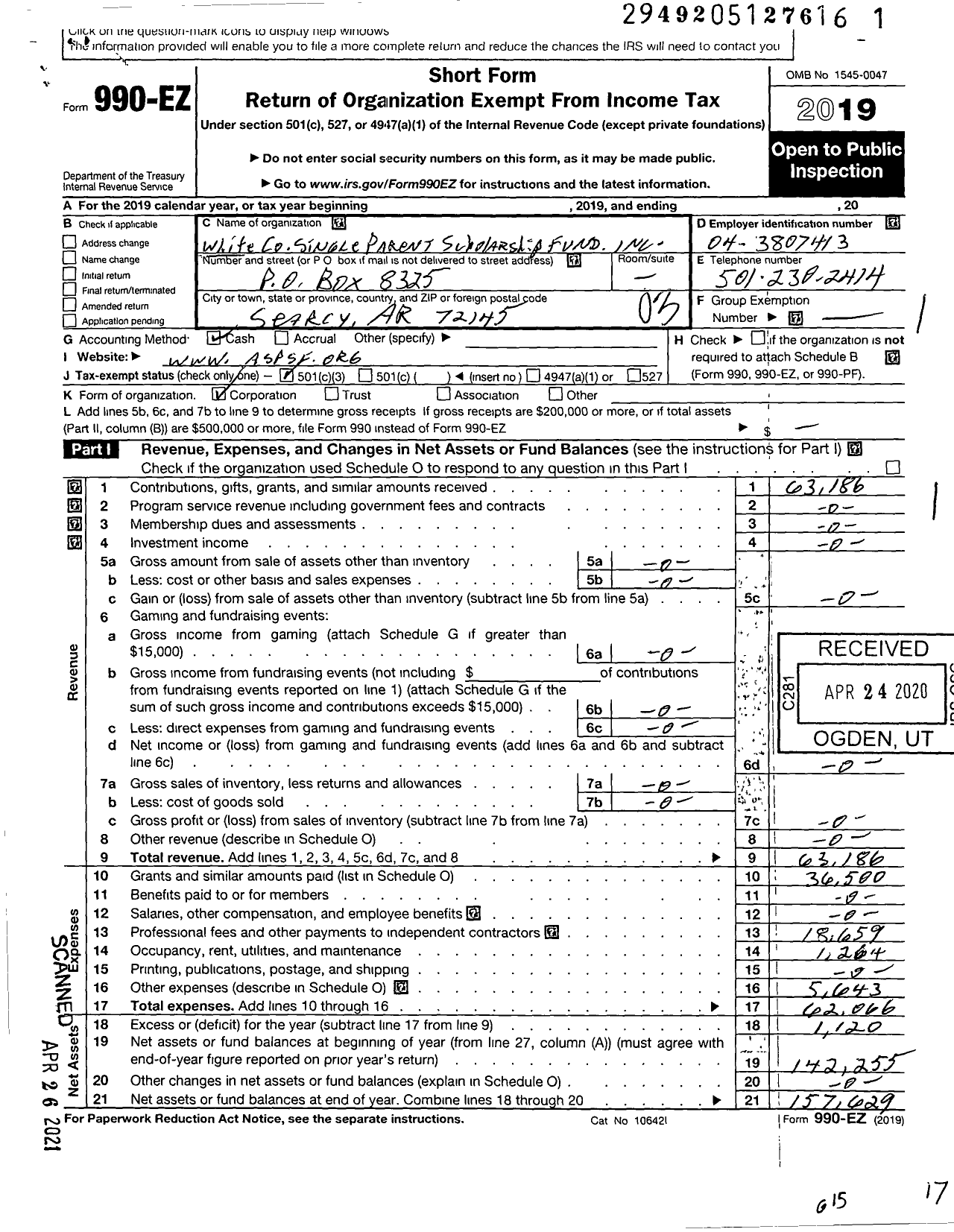 Image of first page of 2019 Form 990EZ for White County Single Parent Scholarship Fund (WCSPSF)