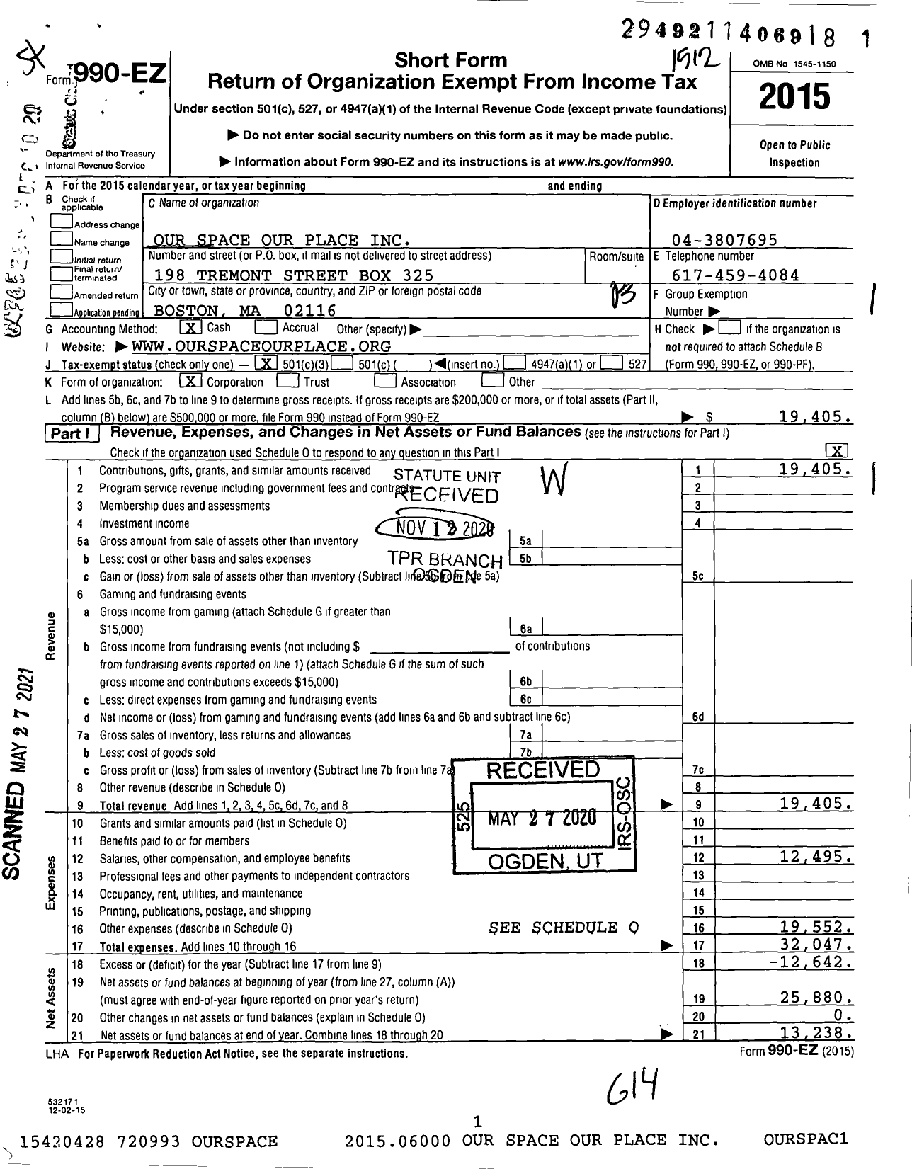 Image of first page of 2015 Form 990EZ for Our Space Our Place