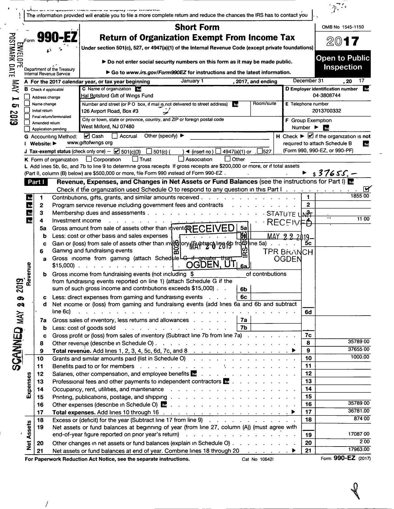 Image of first page of 2017 Form 990EA for Hal Botsford Gift of Wings Fund