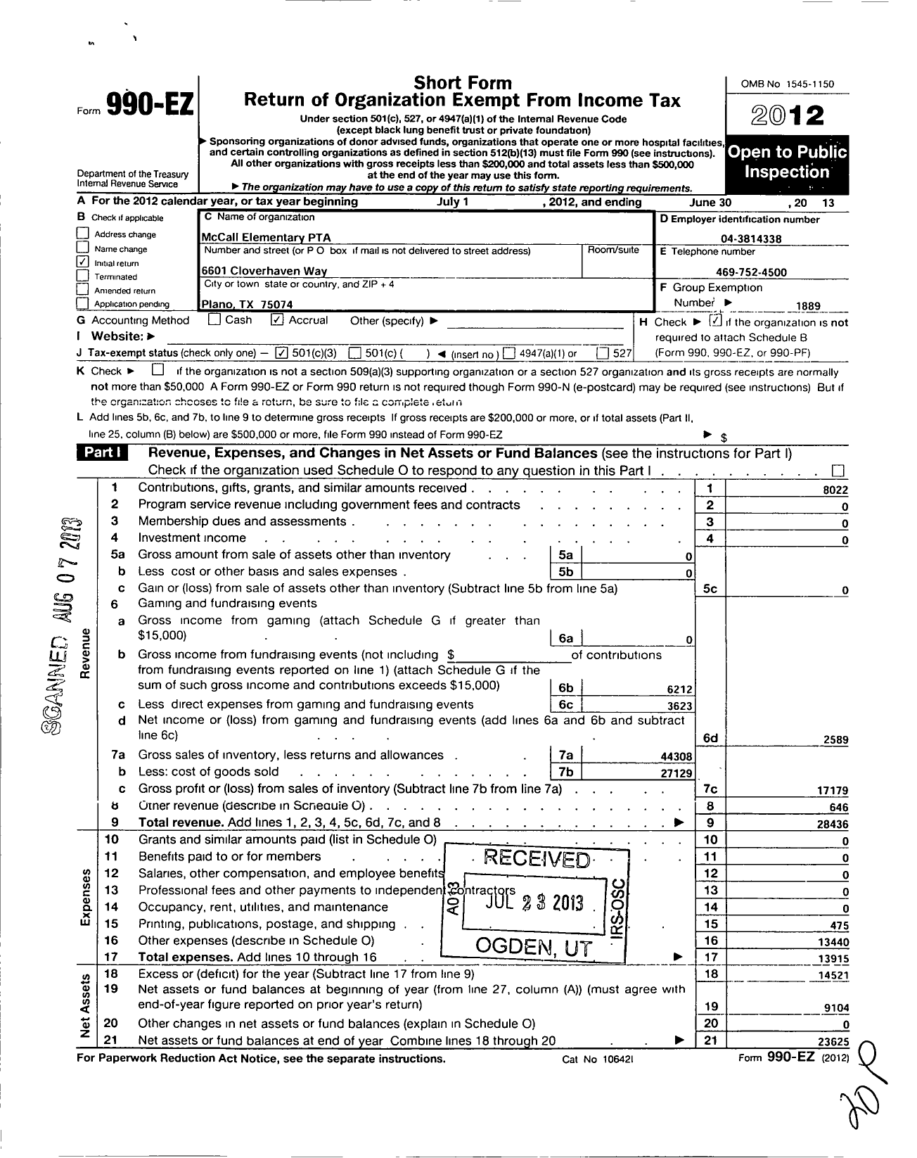 Image of first page of 2012 Form 990EZ for Texas PTA - Mccall Elementary PTA