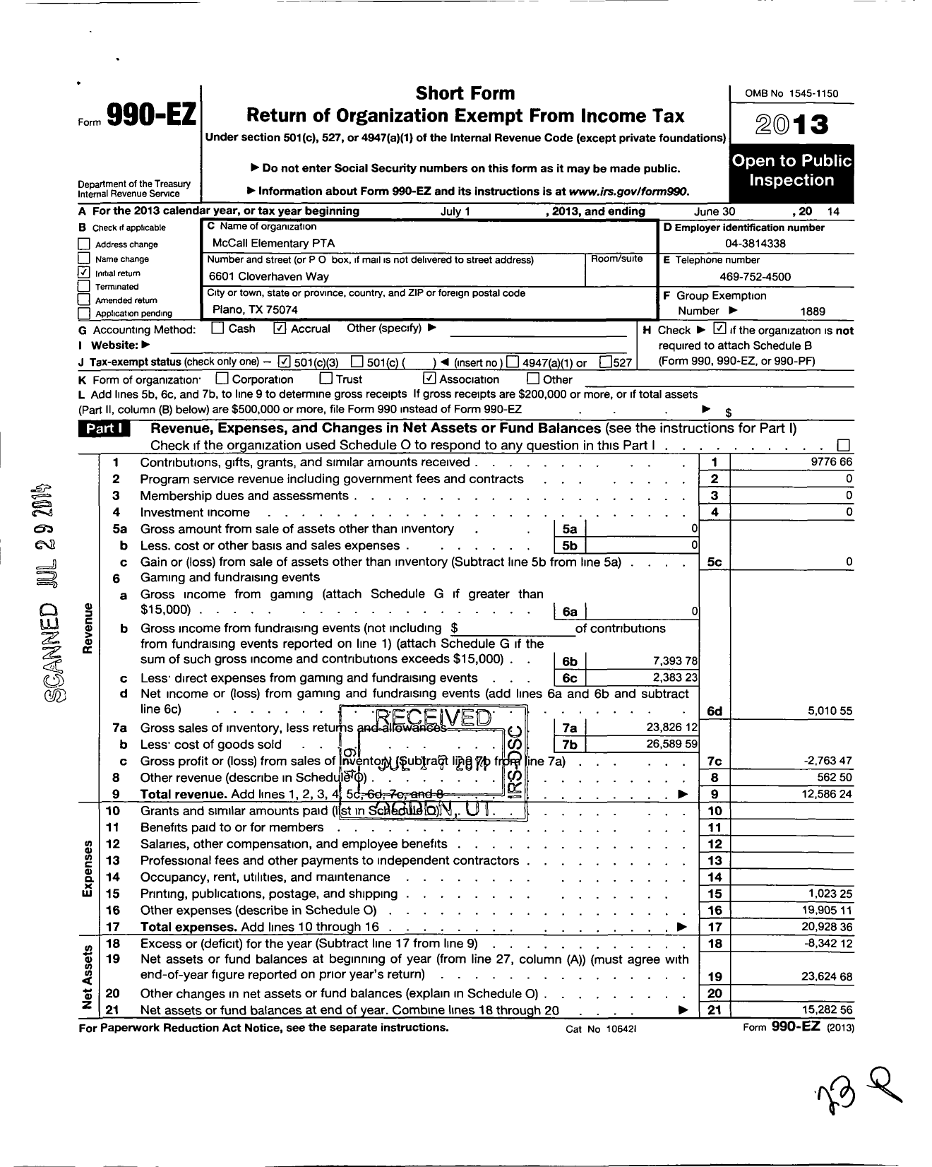 Image of first page of 2013 Form 990EZ for Texas PTA - Mccall Elementary PTA