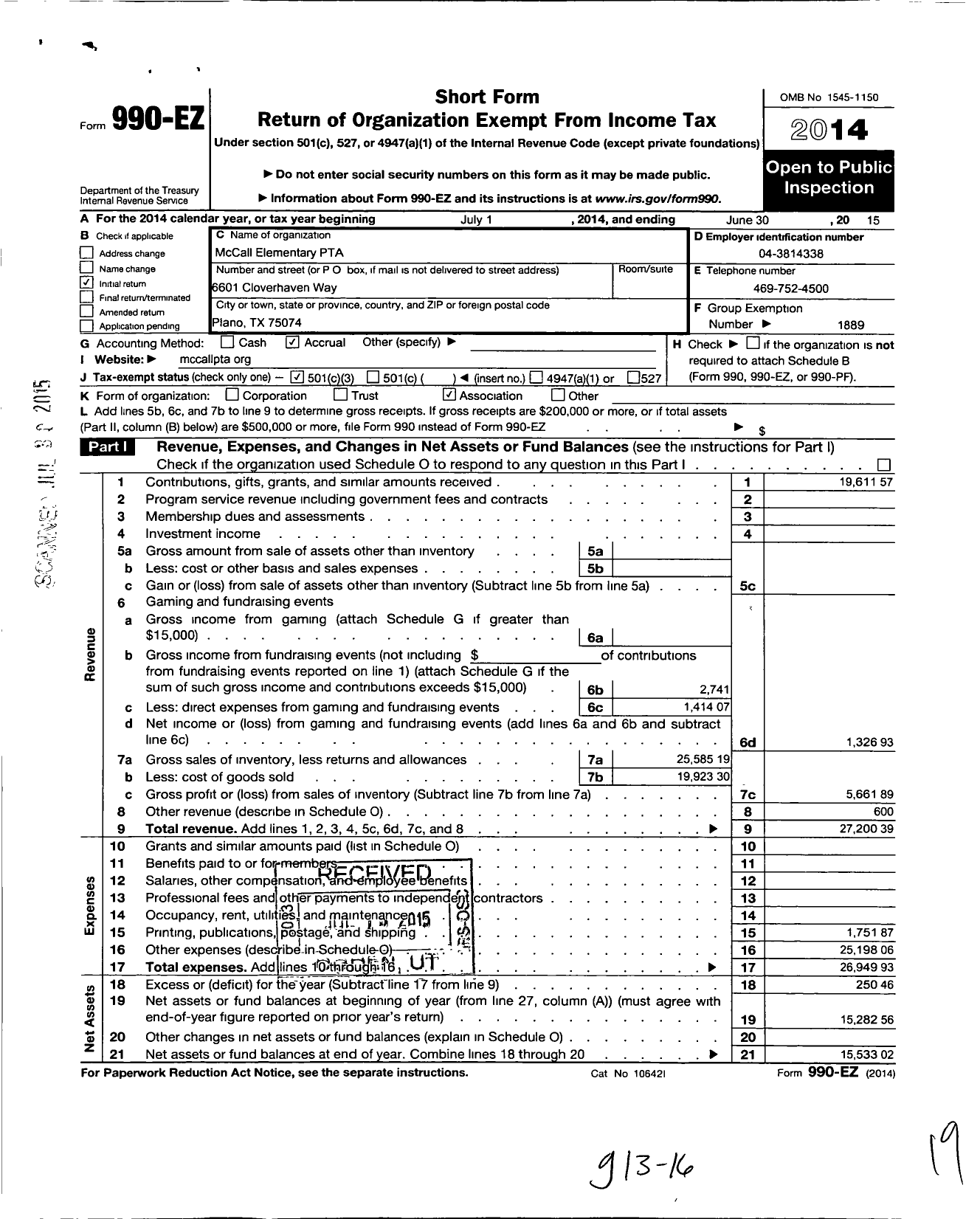 Image of first page of 2014 Form 990EZ for Texas PTA - Mccall Elementary PTA