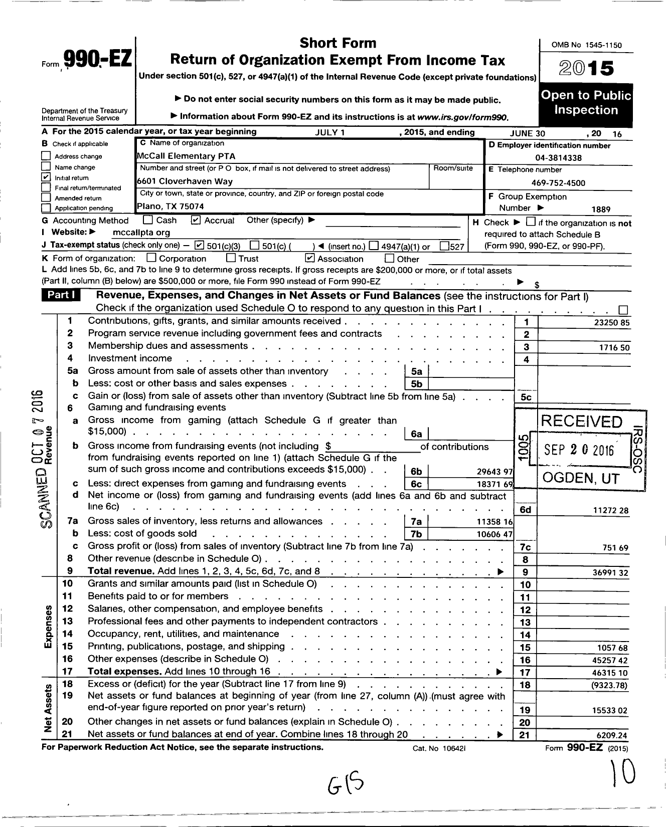 Image of first page of 2015 Form 990EZ for Texas PTA - Mccall Elementary PTA