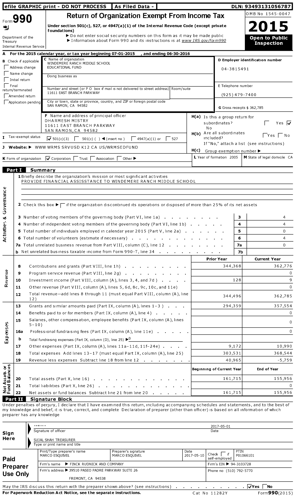 Image of first page of 2015 Form 990 for Windemere Ranch Middles School Educational Fund
