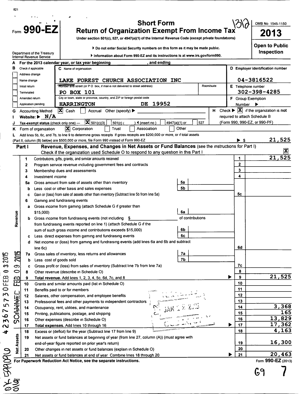 Image of first page of 2013 Form 990EZ for Lake Forest Church Association