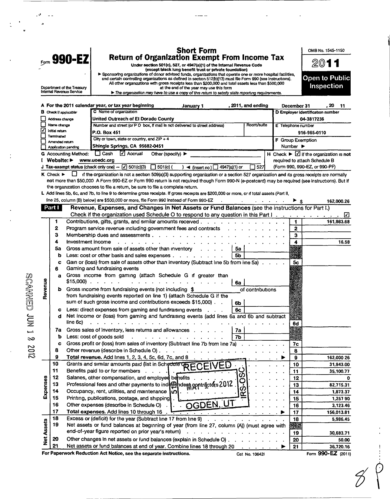 Image of first page of 2011 Form 990EZ for United Outreach of El Dorado County