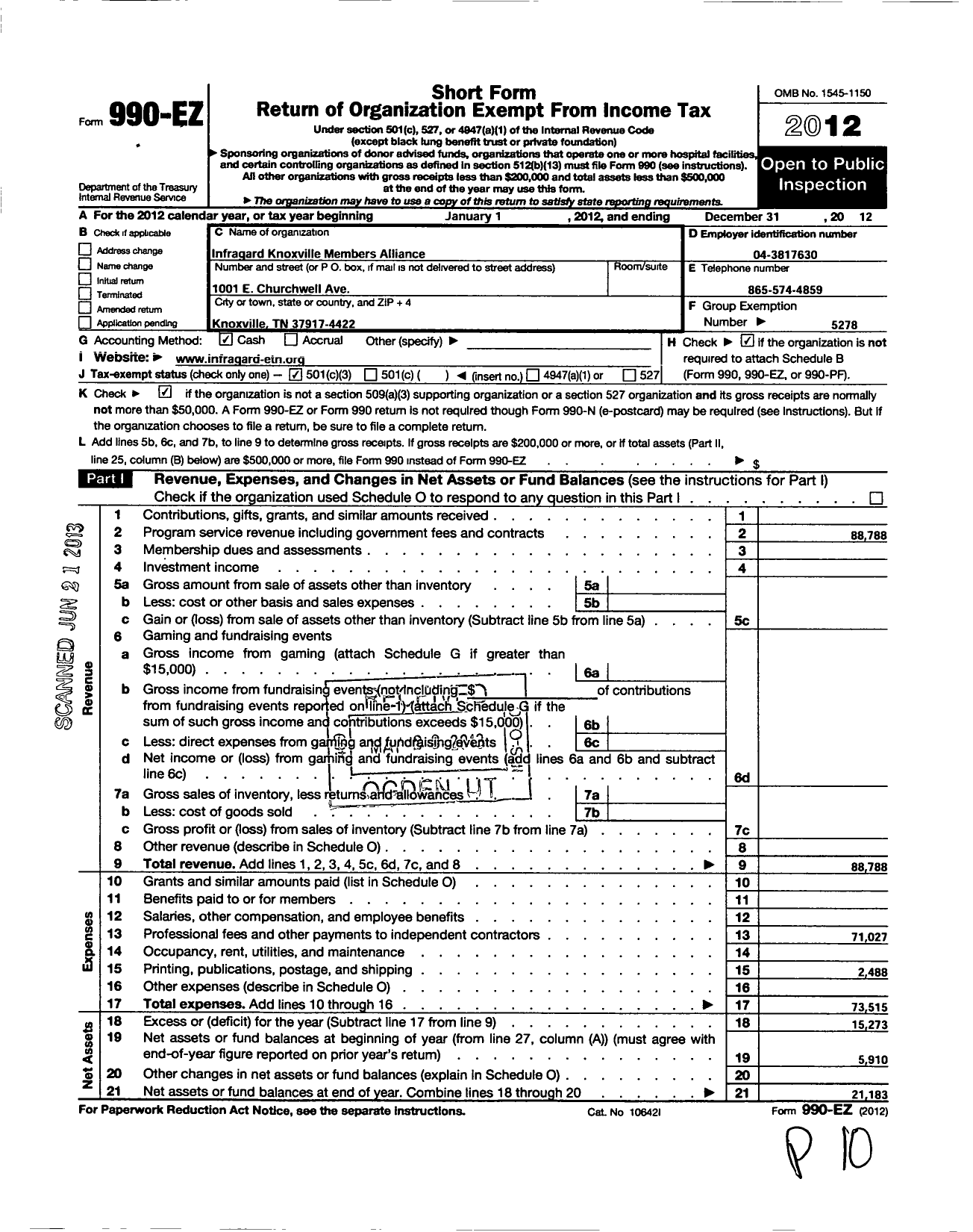 Image of first page of 2012 Form 990EZ for Infragard National Members Alliance / Knoxville Members Alliance