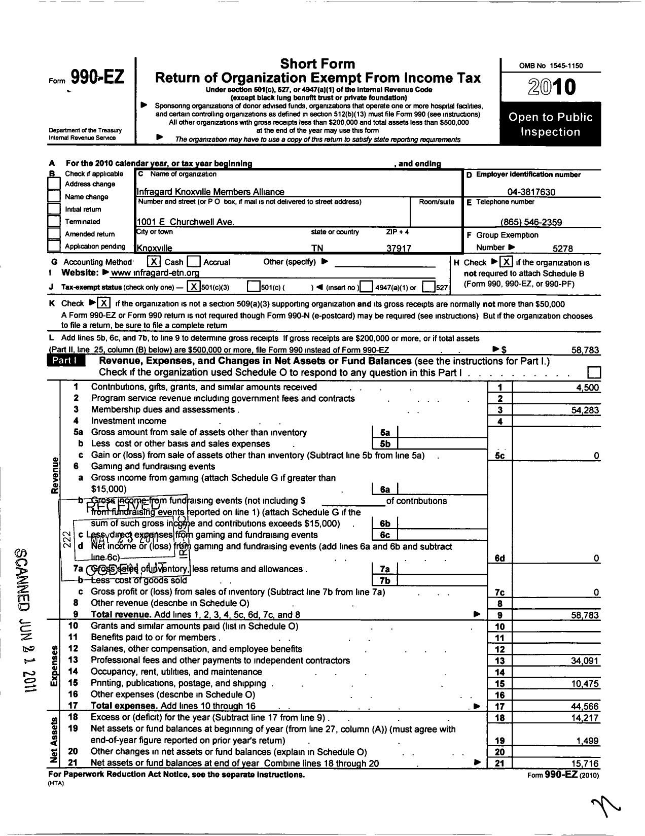 Image of first page of 2010 Form 990EZ for Infragard National Members Alliance / Knoxville Members Alliance