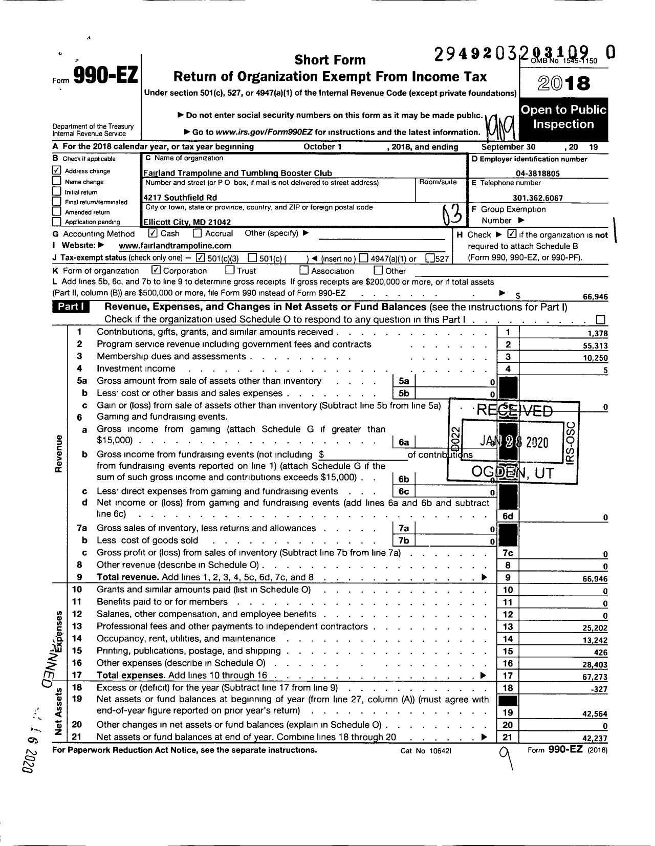 Image of first page of 2018 Form 990EZ for Fairland Trampoline and Tumbling Booster Club