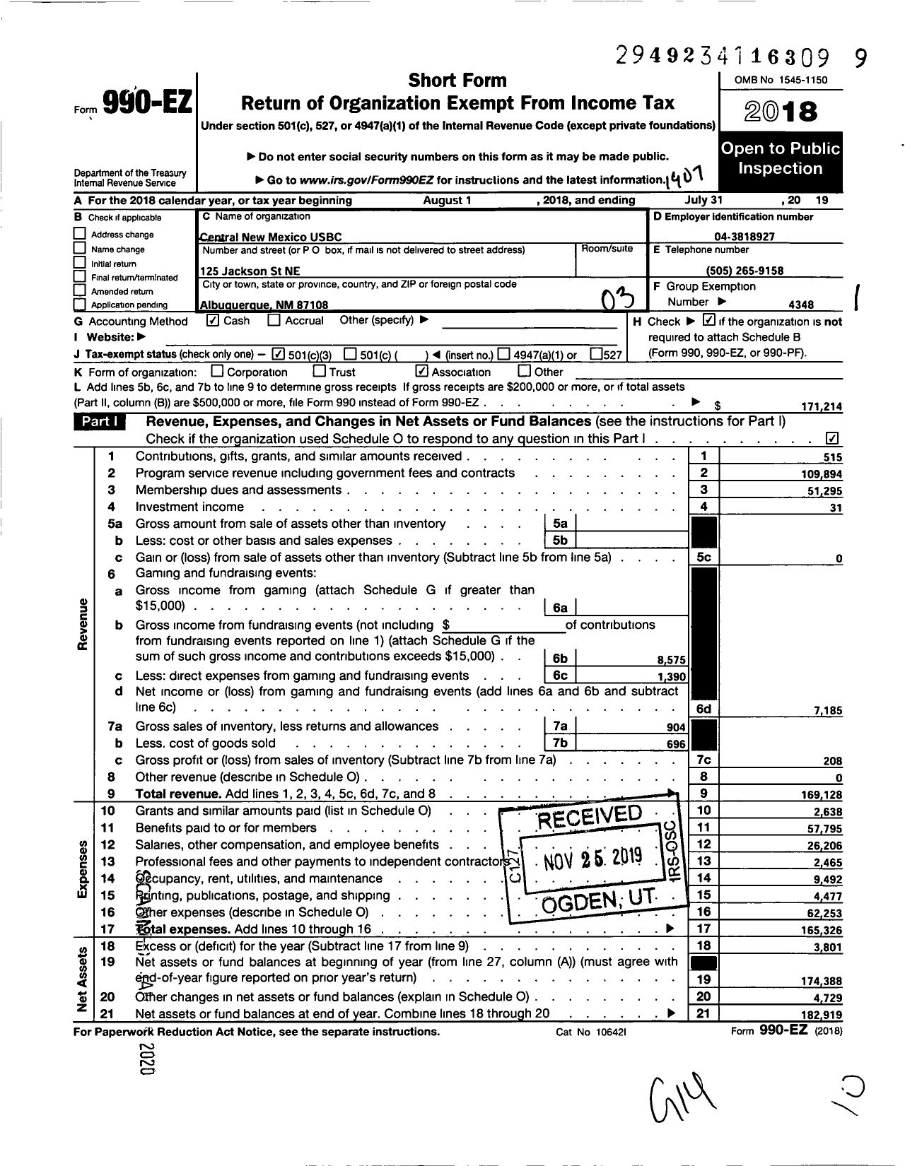 Image of first page of 2018 Form 990EZ for UNITED STATES BOWLING CONGRESS - 81013 Central New Mexico USBC