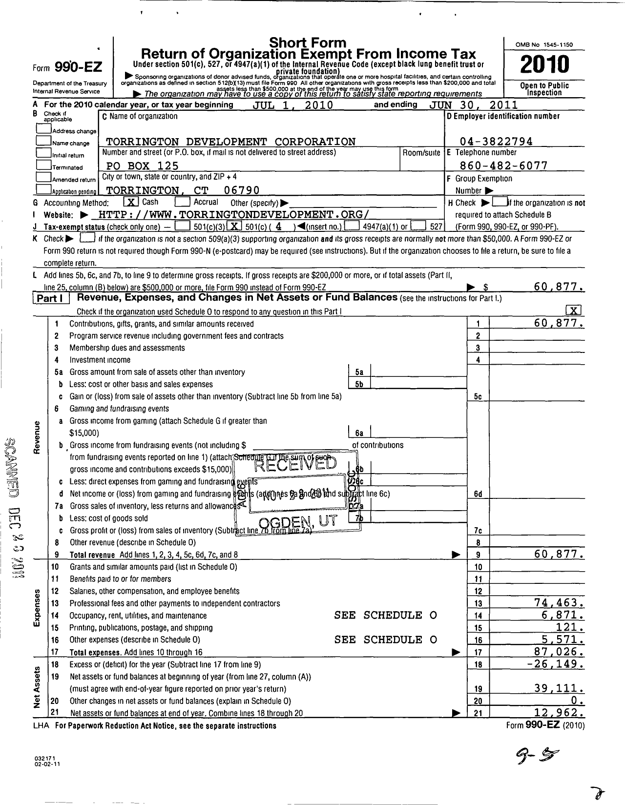 Image of first page of 2010 Form 990EO for Torrington Development Corporation