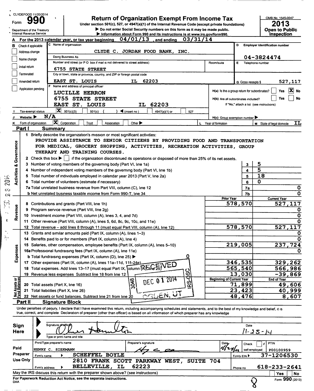 Image of first page of 2013 Form 990 for Clyde C Jordan Food Bank