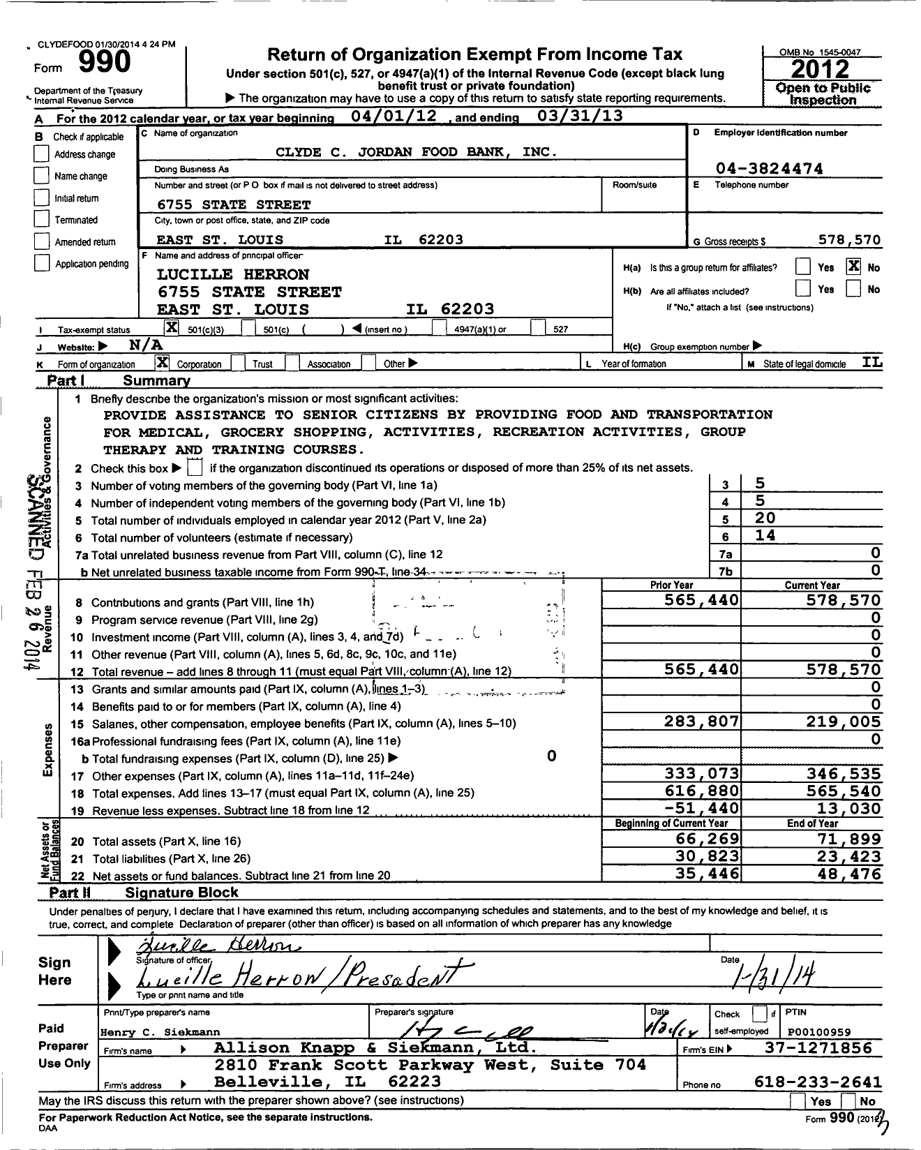 Image of first page of 2012 Form 990 for Clyde C Jordan Food Bank