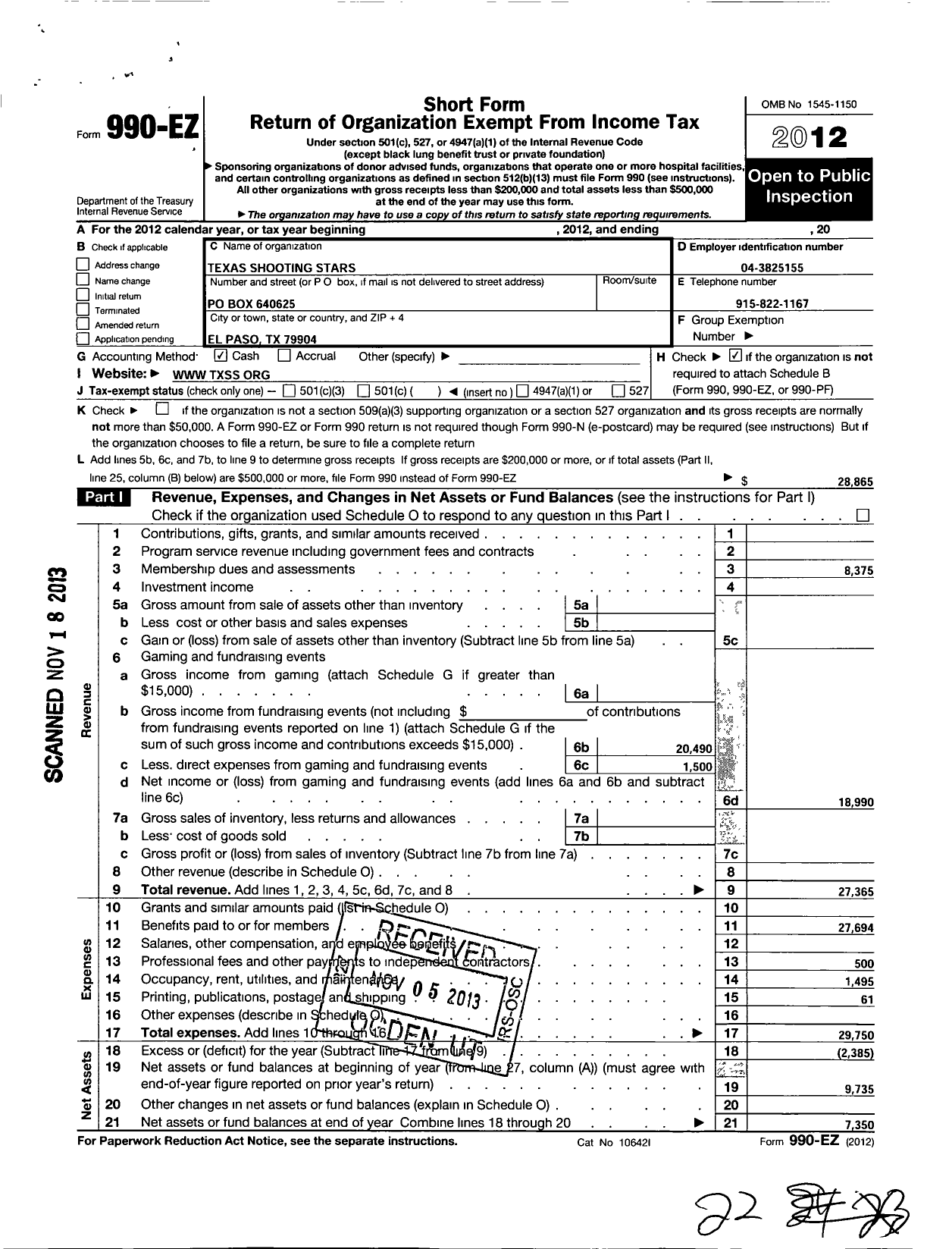 Image of first page of 2012 Form 990EO for Texas Shooting Stars