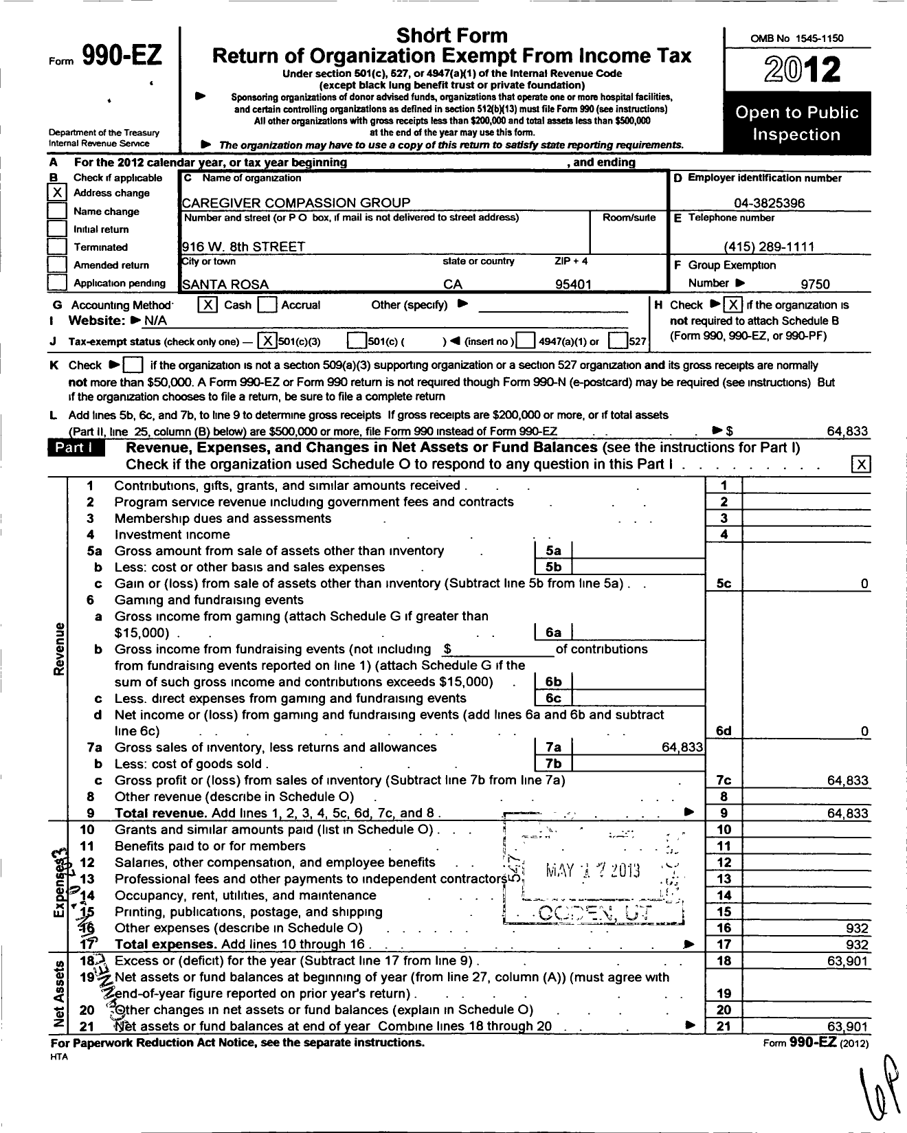 Image of first page of 2012 Form 990EZ for Caregiver Compassion Group