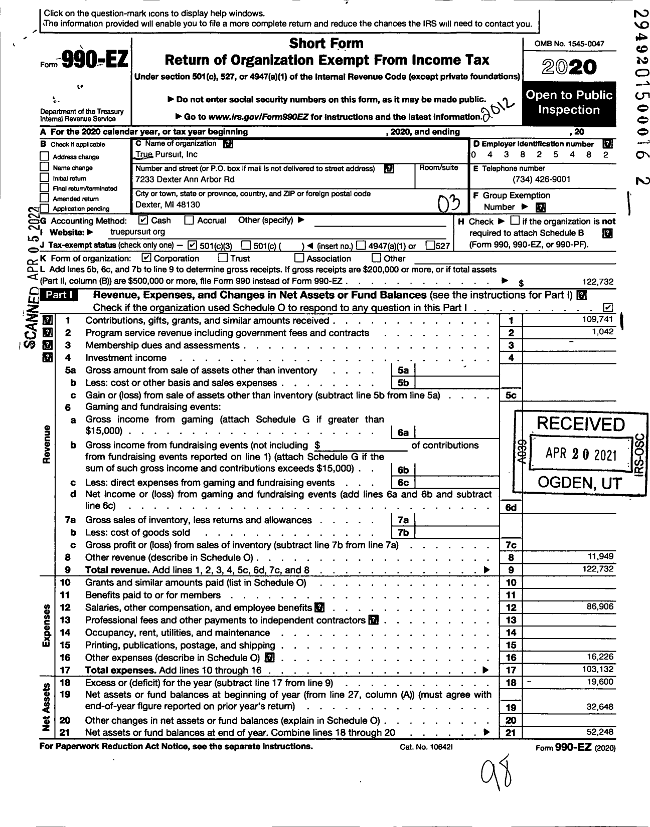 Image of first page of 2020 Form 990EZ for True Pursuit