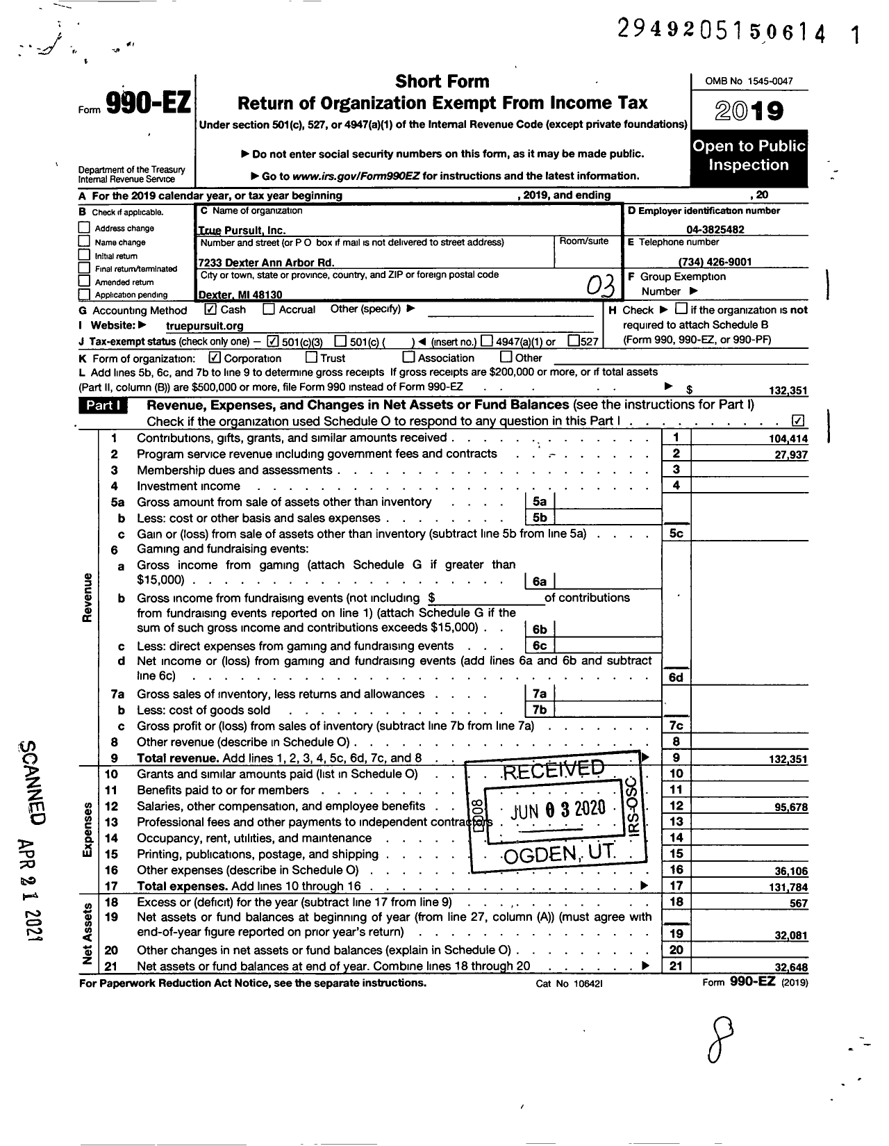 Image of first page of 2019 Form 990EZ for True Pursuit