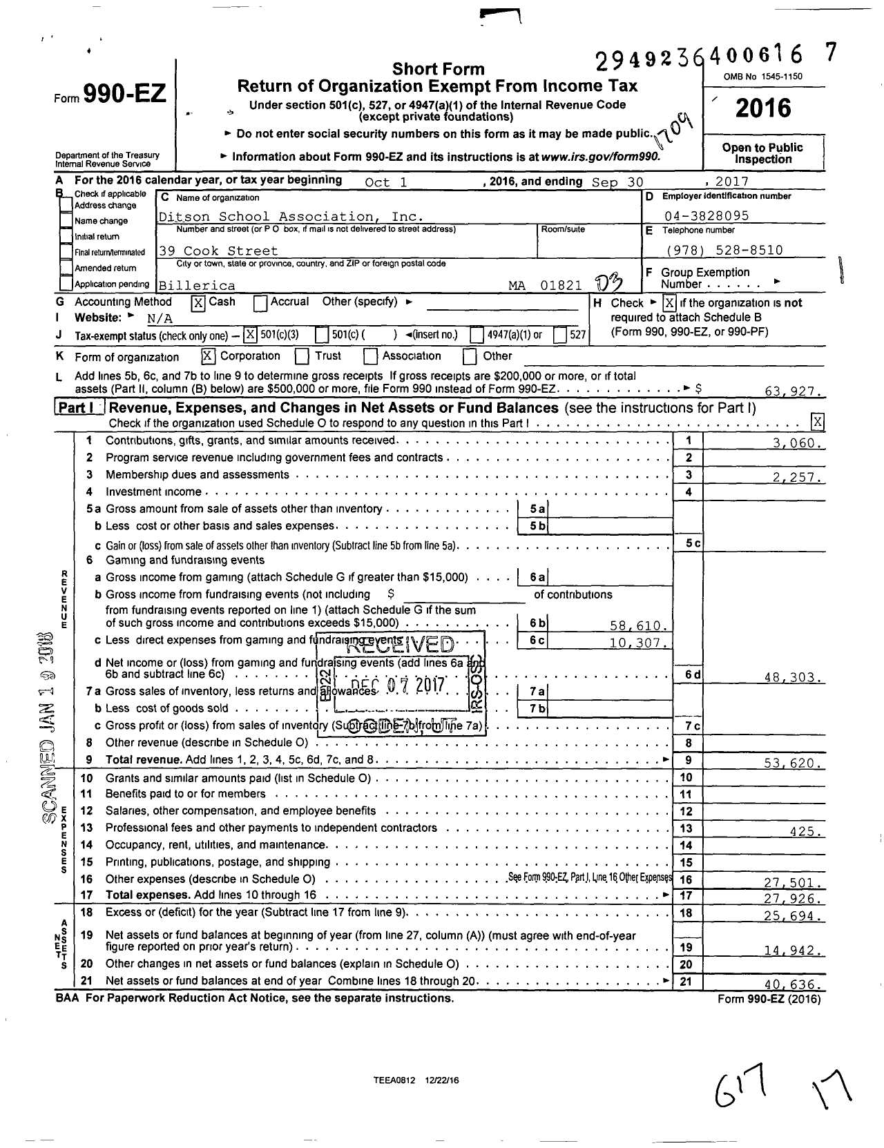 Image of first page of 2016 Form 990EZ for Ditson School Association